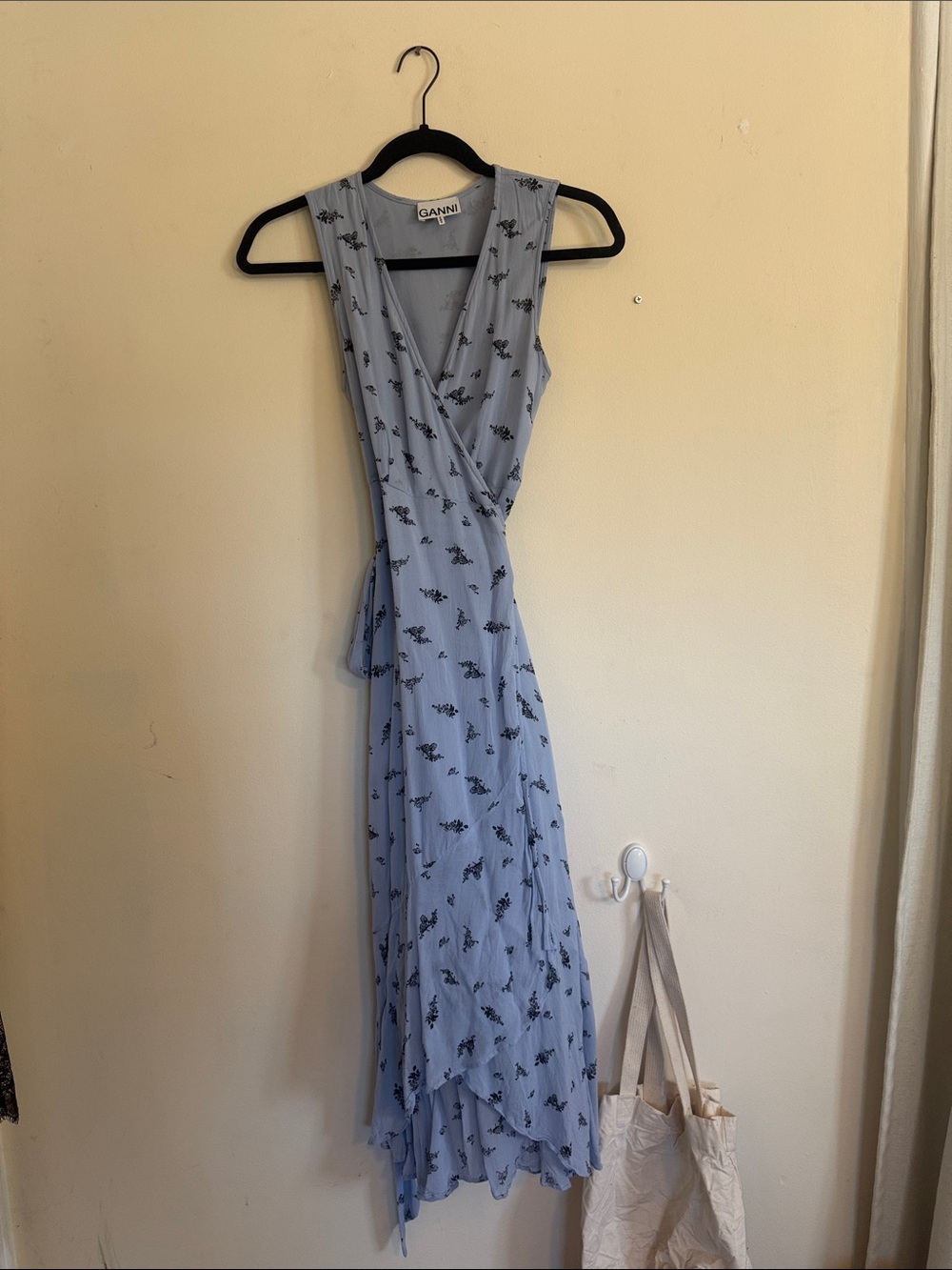 ganni blue floral wrap dress